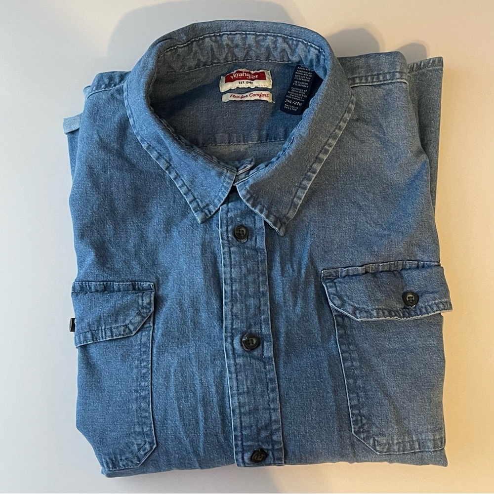 Wrangler 2XL Denim Flex for Comfort Blue Short Sleeve Workwear Button up Chore
